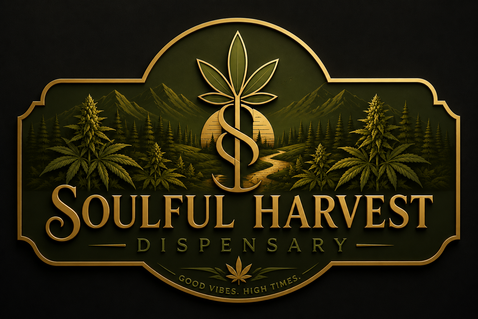 Soulful Harvest Dispensary logo with a cannabis leaf and mountain landscape