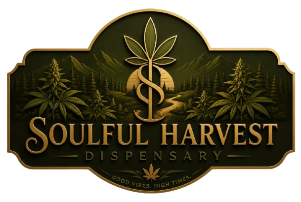 Soulful Harvest Dispensary logo with a cannabis leaf, mountain landscape, and gold lettering